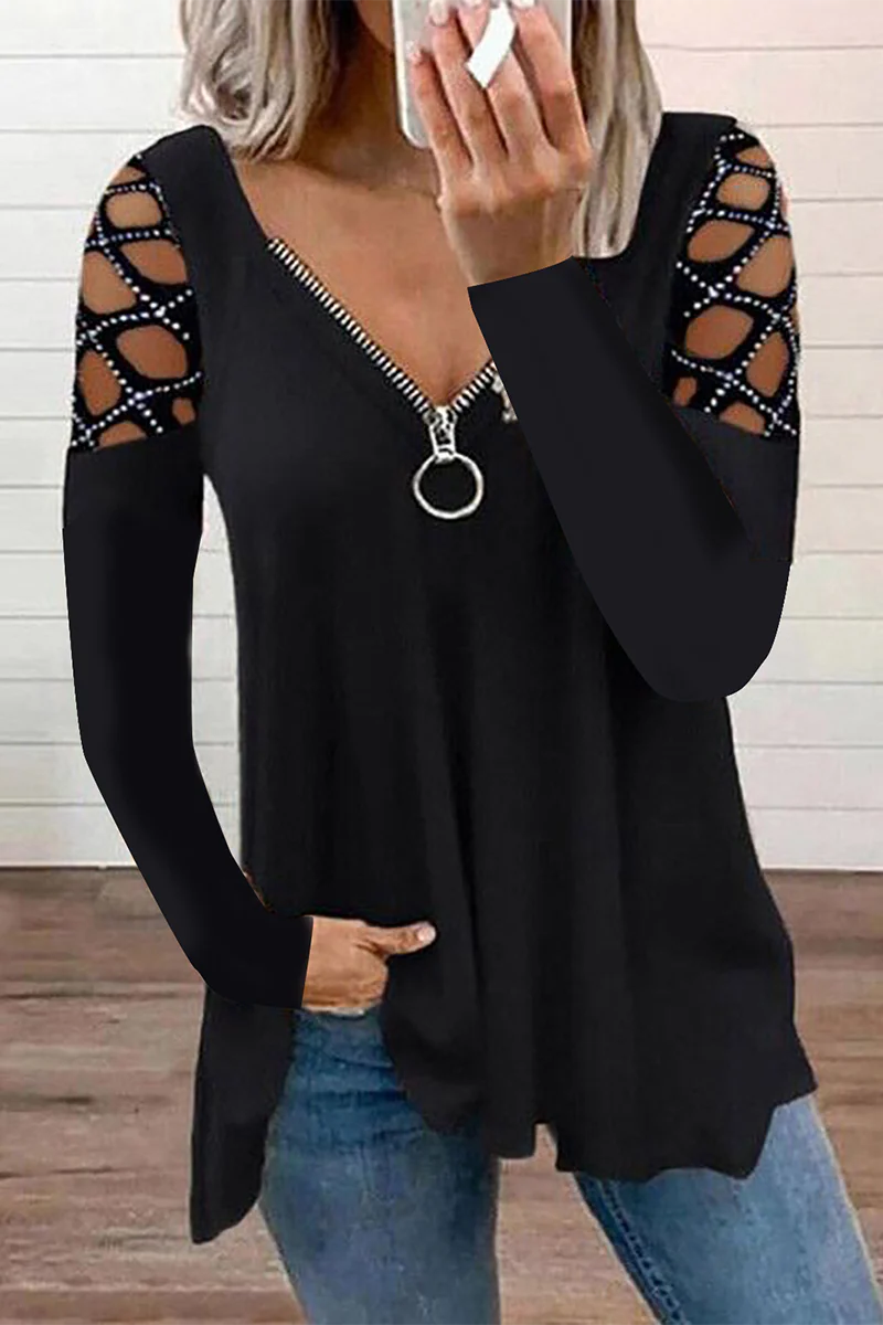 Casual Patchwork Hollowed Out Hot Drill Zipper Collar Tops(7 Colors) - Panekey