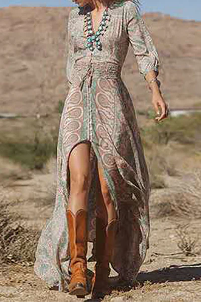 Bohemian Print Frenulum Buckle Slit V Neck Dresses - Panekey