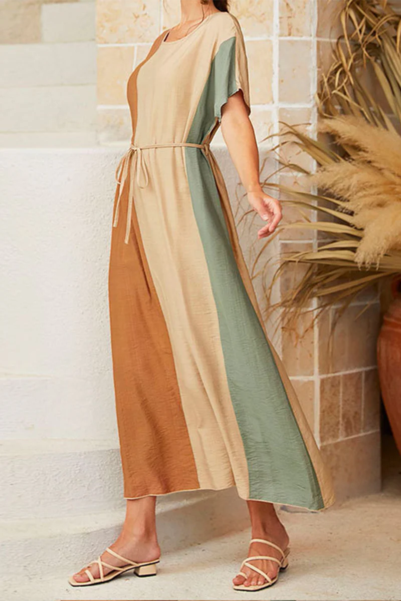 Casual Color Lump With Belt  Contrast O Neck Dresses - Panekey