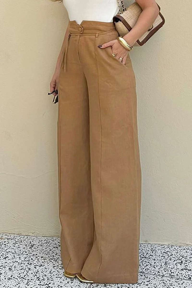 Casual Daily Solid Color Pocket Lace Up Buttons Loose High Waist Speaker Solid Color Bottoms - Panekey