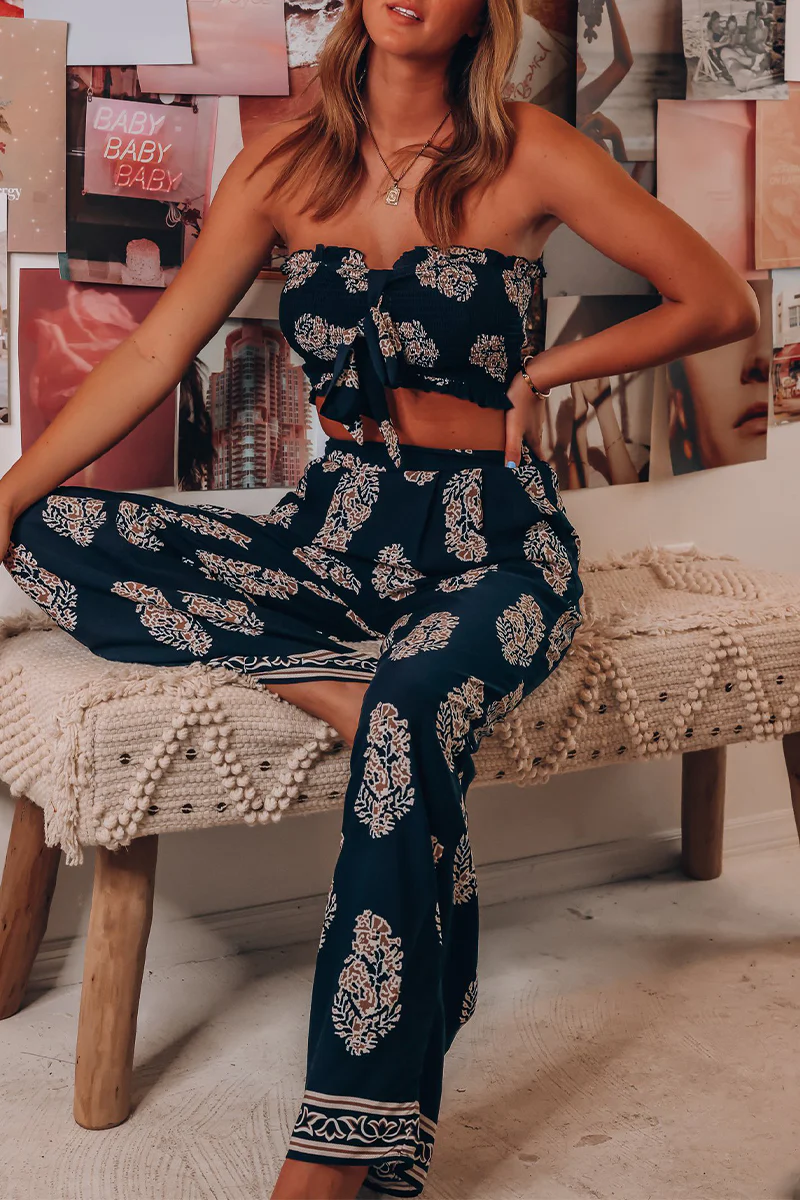 Casual Floral Pocket With Bow Strapless Sleeveless Two Pieces - Panekey