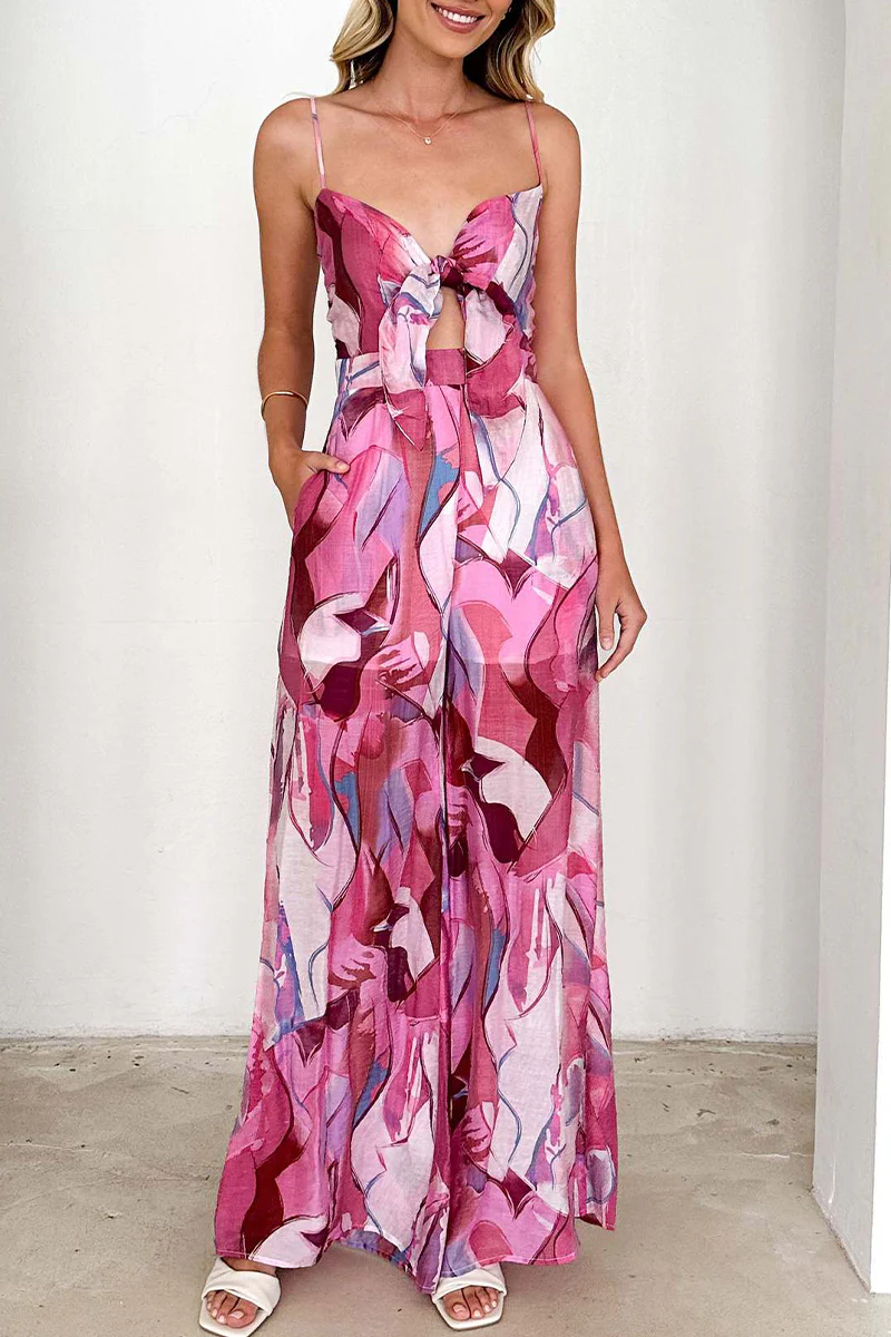 Casual Floral Print Pocket Contrast V Neck Loose Jumpsuits - Panekey