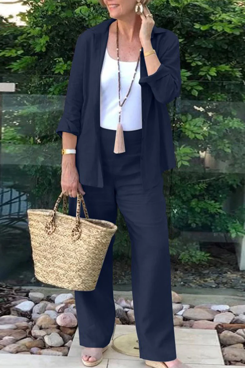 Casual Daily Solid Turndown Collar Long Sleeve Two Pieces - Panekey