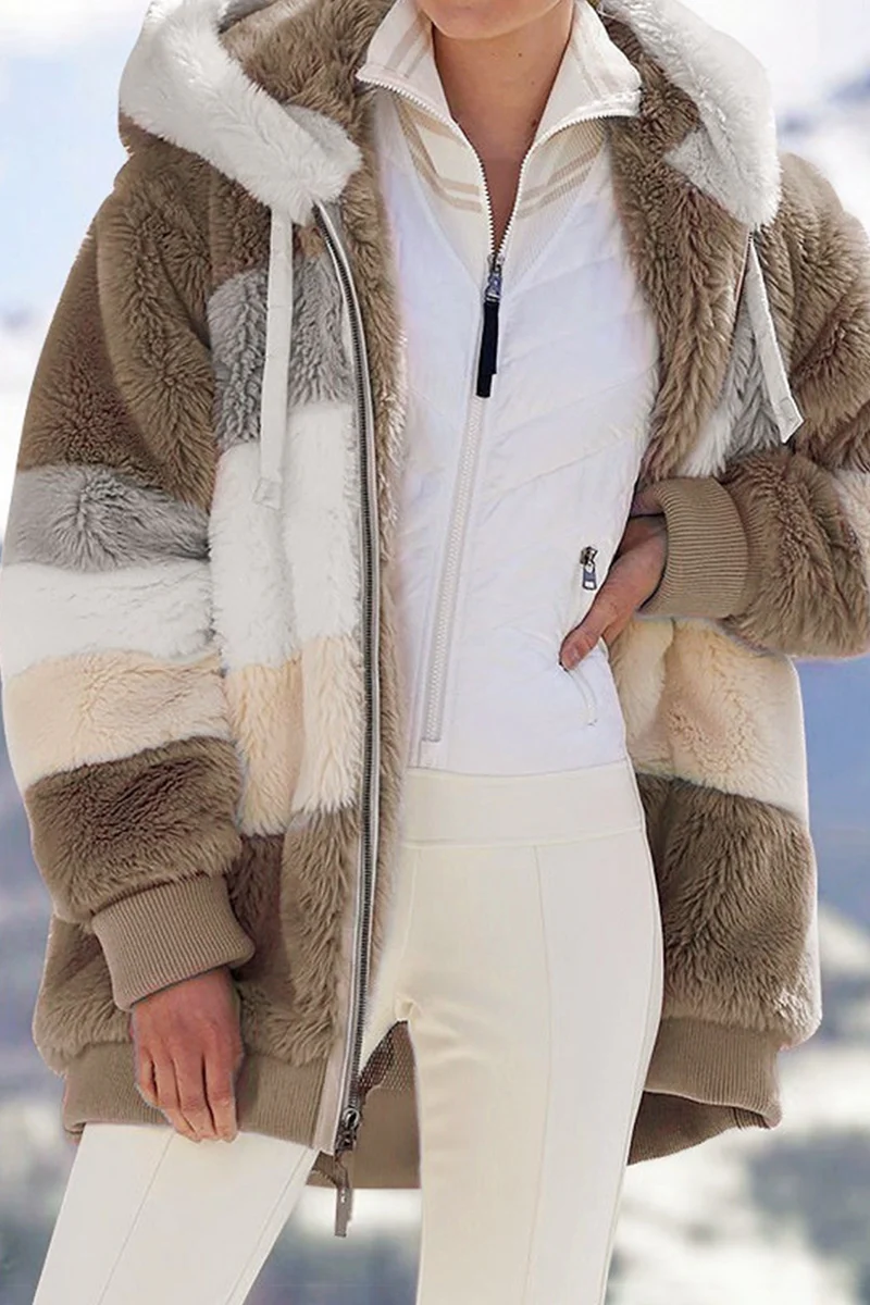 Casual Patchwork Contrast Zipper Hooded Collar Outerwear - Panekey