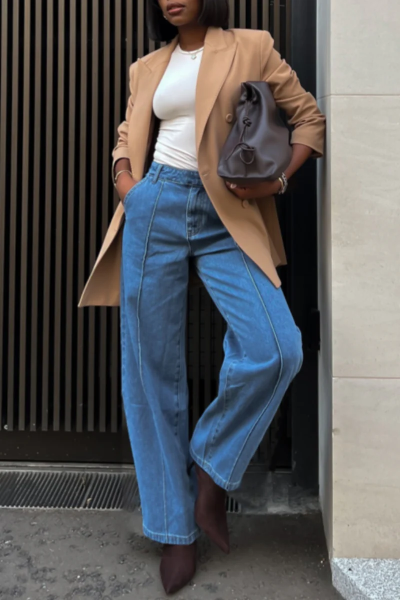 Casual Basic High Waist Regular Denim Jeans - Panekey