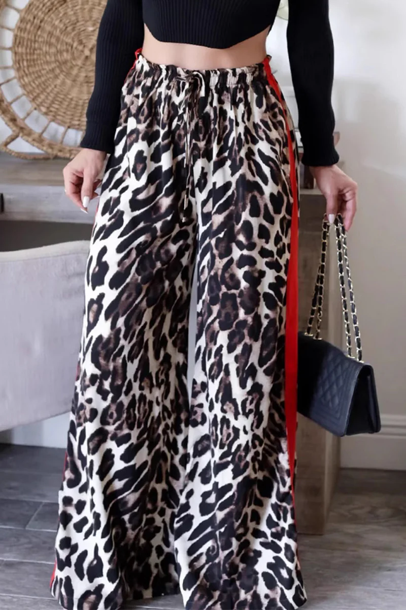 Casual Daily Stripe Leopard Patchwork Loose High Waist Wide Leg Full Print Bottoms - Panekey