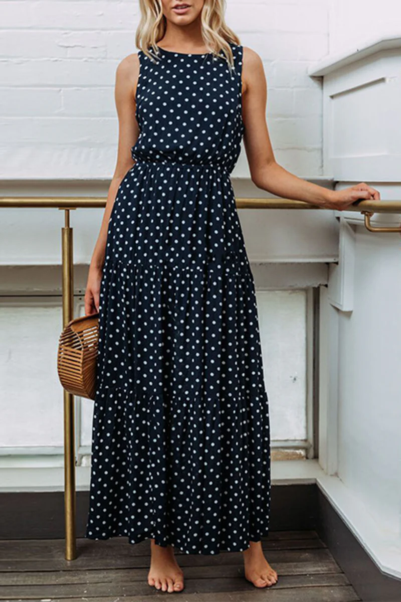 Casual Dot Patchwork O Neck Waist Skirt Dresses(4 Colors) - Panekey