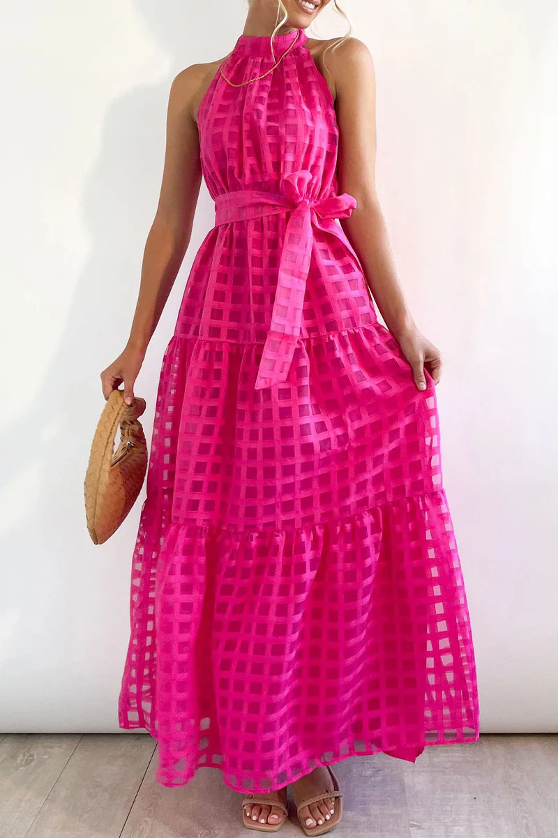 Bohemian College Plaid Frenulum See-through Halter A Line Dresses - Panekey