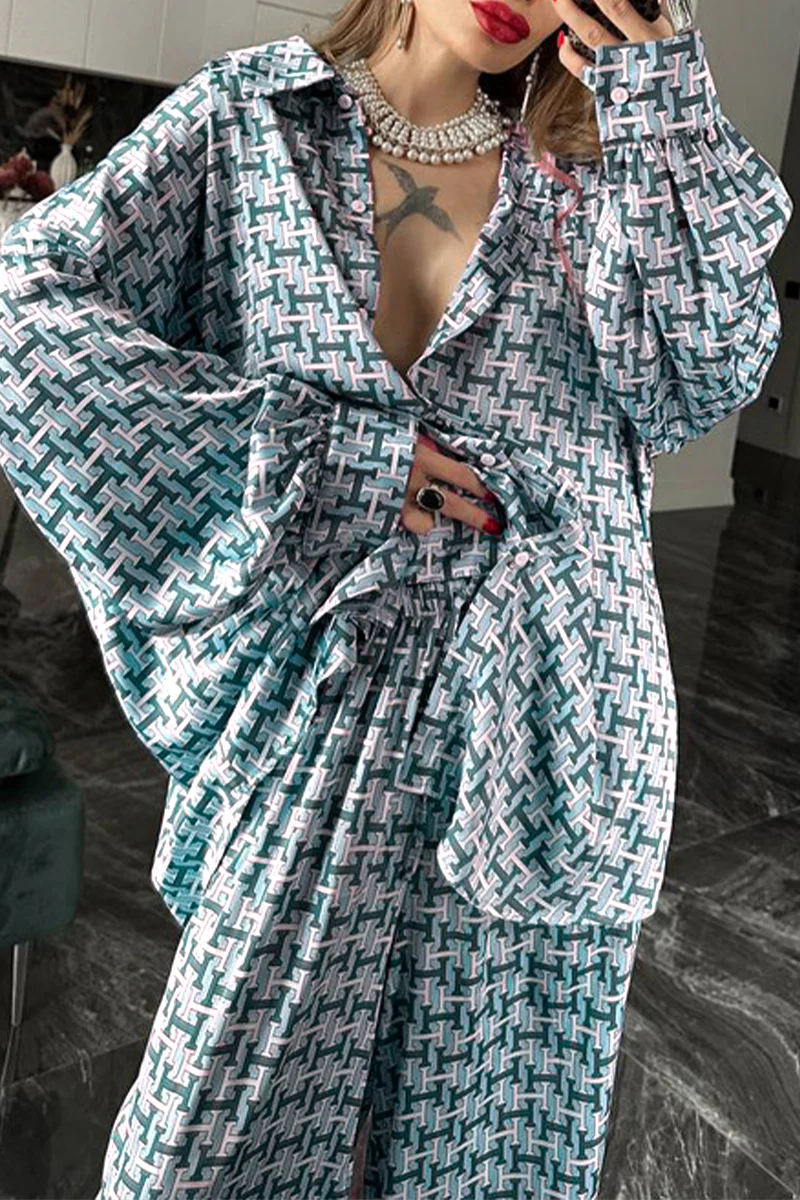 Casual Daily Geometric Print Contrast Turndown Collar Long Sleeve Two Pieces - Panekey